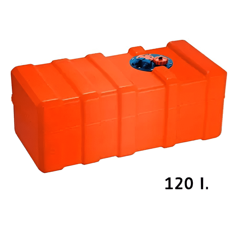 Tanque de gasolina 120L para barco en polietileno con marcado CE. Incluye tapa de inspección, racores para mangueras de alimentación, y un tapón con respiradero. Compatible con indicador de nivel de combustible (aforador).