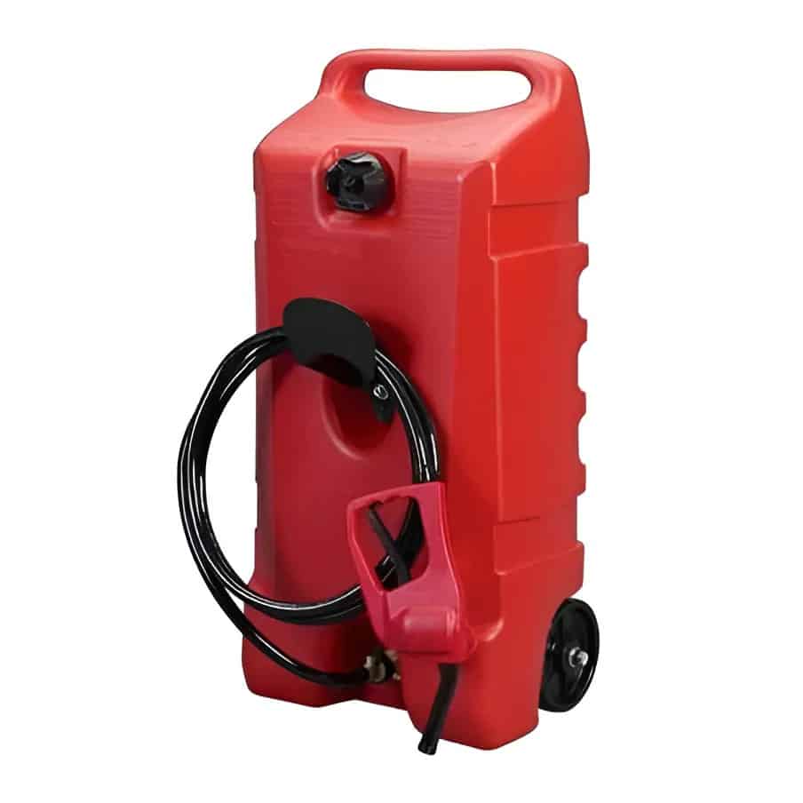 Depósito de gasolina con ruedas, fácil de transportar y almacenar. Ideal para embarcaciones y vehículos marinos. Comodidad y seguridad en cada viaje.