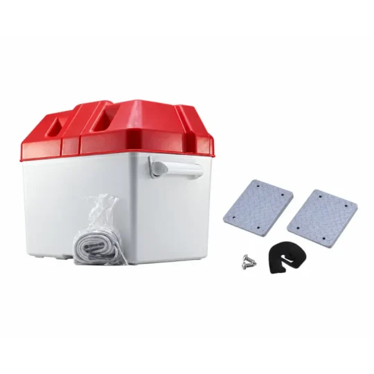 Kit Caja batería + Kit fijación estanca para barcos con soporte de anclaje y cincha para la sujeccion. Las dimensiones de la caja son 270 mm (L) x 180 mm (An) x 200 mm (Al)