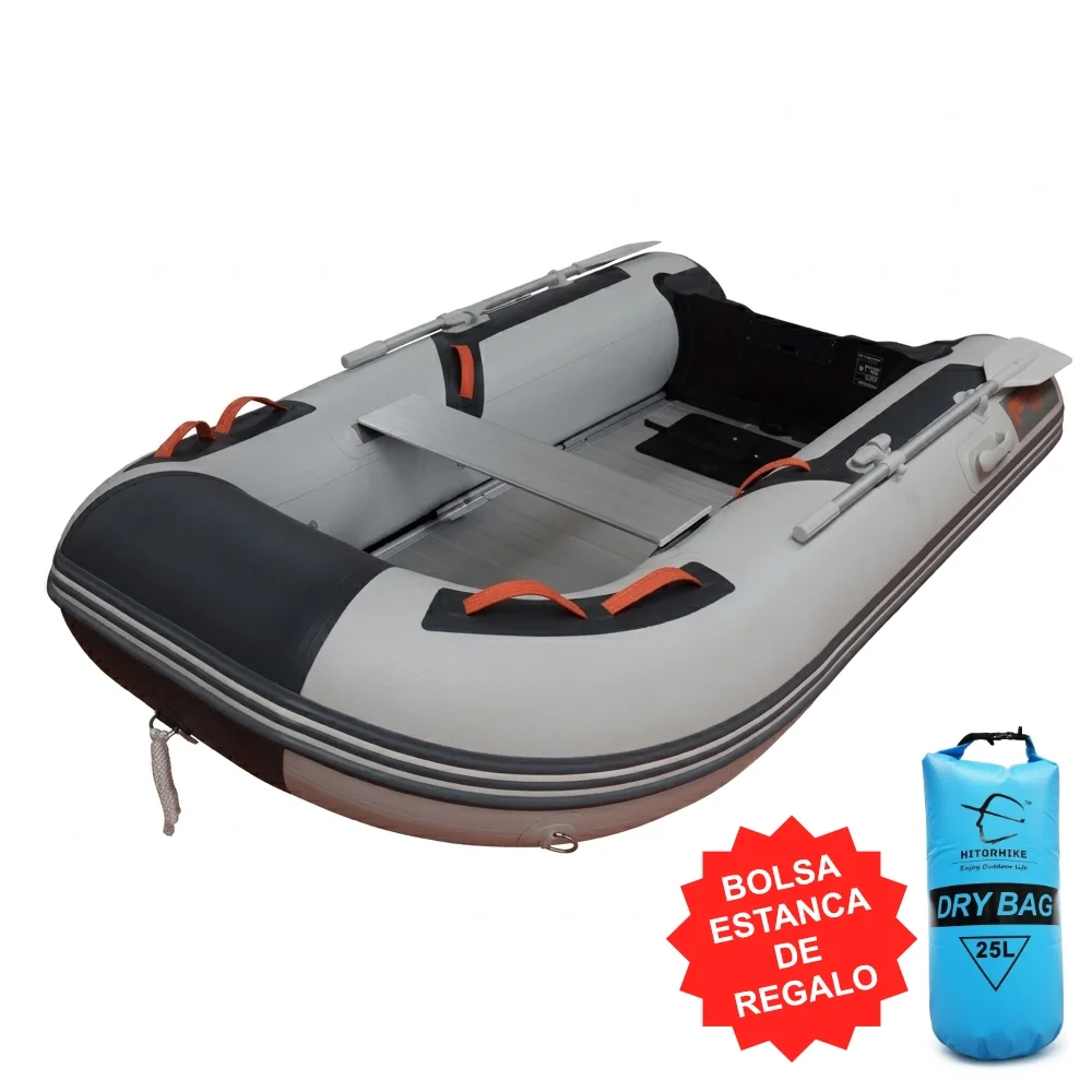 Embarcación neumática Cobra de 2.70 metros con suelo de aluminio rígido y flotadores de PVC de alta resistencia para 4 personas. Incluye bolsa estanca de 25 litros de regalo.