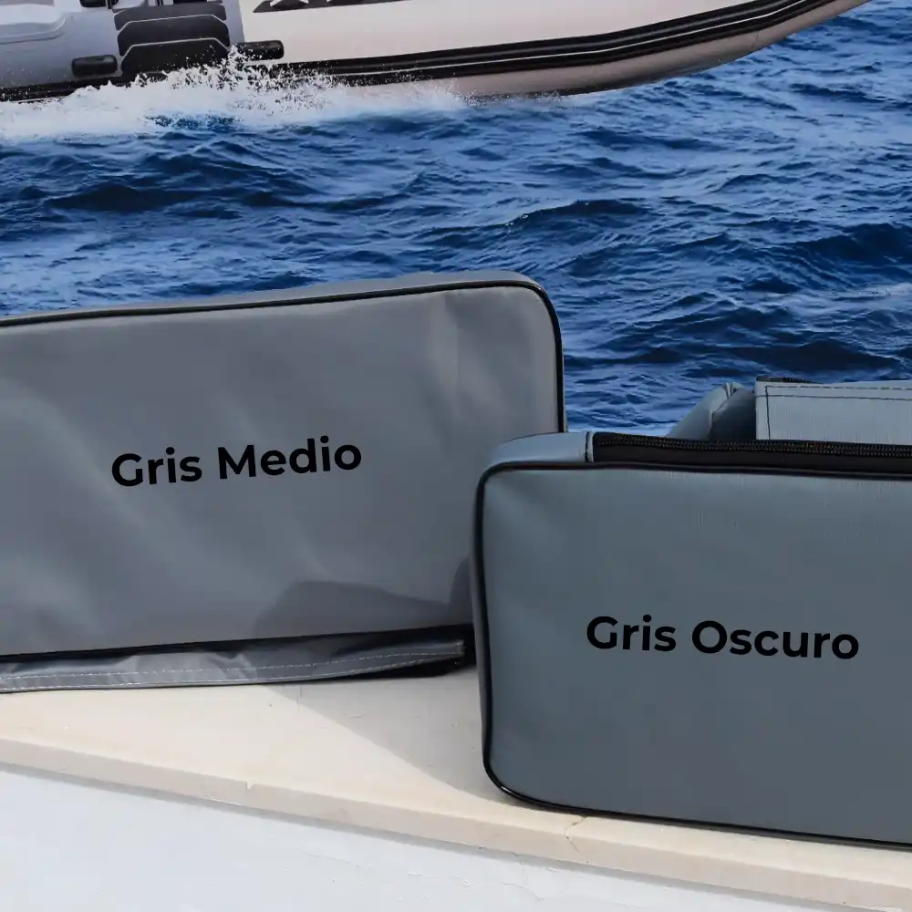 Comparativa de colores gris medio y gris oscuro para bolsas de asiento de lanchas neumáticas.
