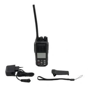 Emisora VHF portátil Himunication HM160 con cargador de 220V, pinza para cinturón, correa de mano y batería de litio.