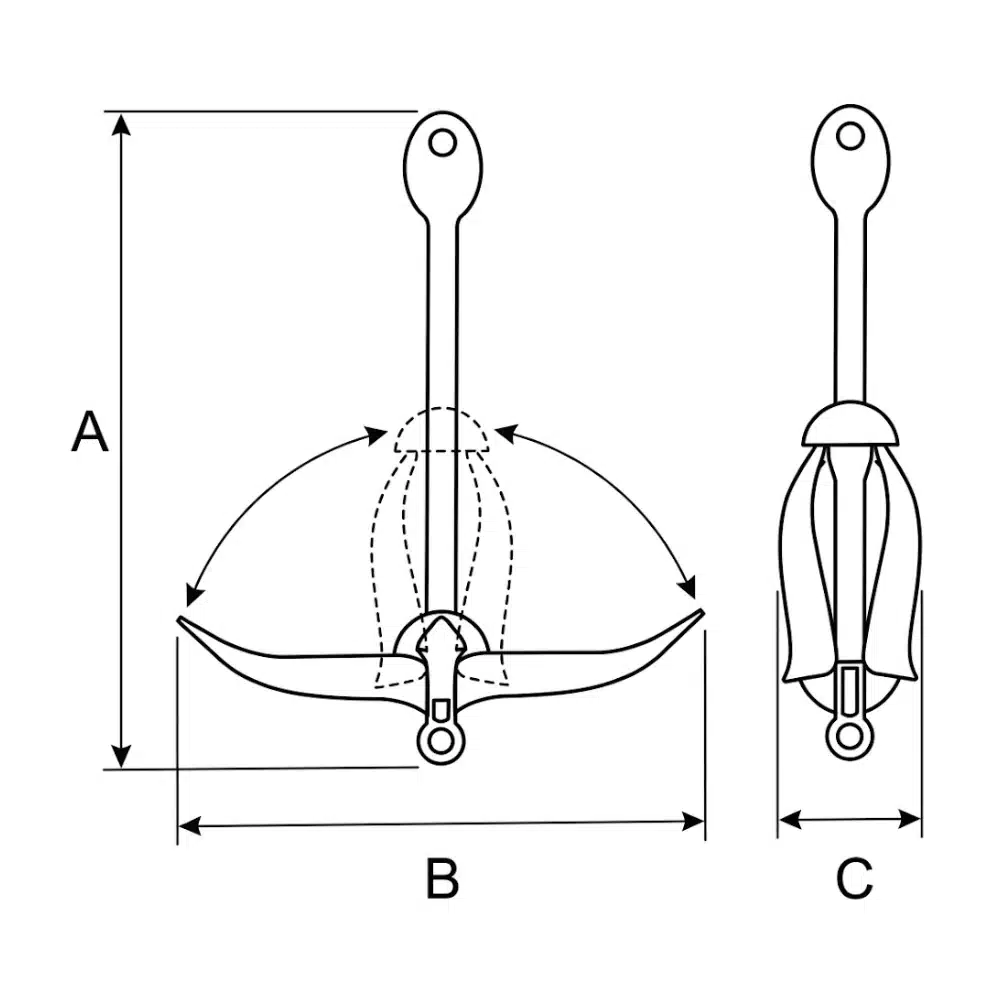 Plano de dimensiones de ancla plegable para embarcaciones.