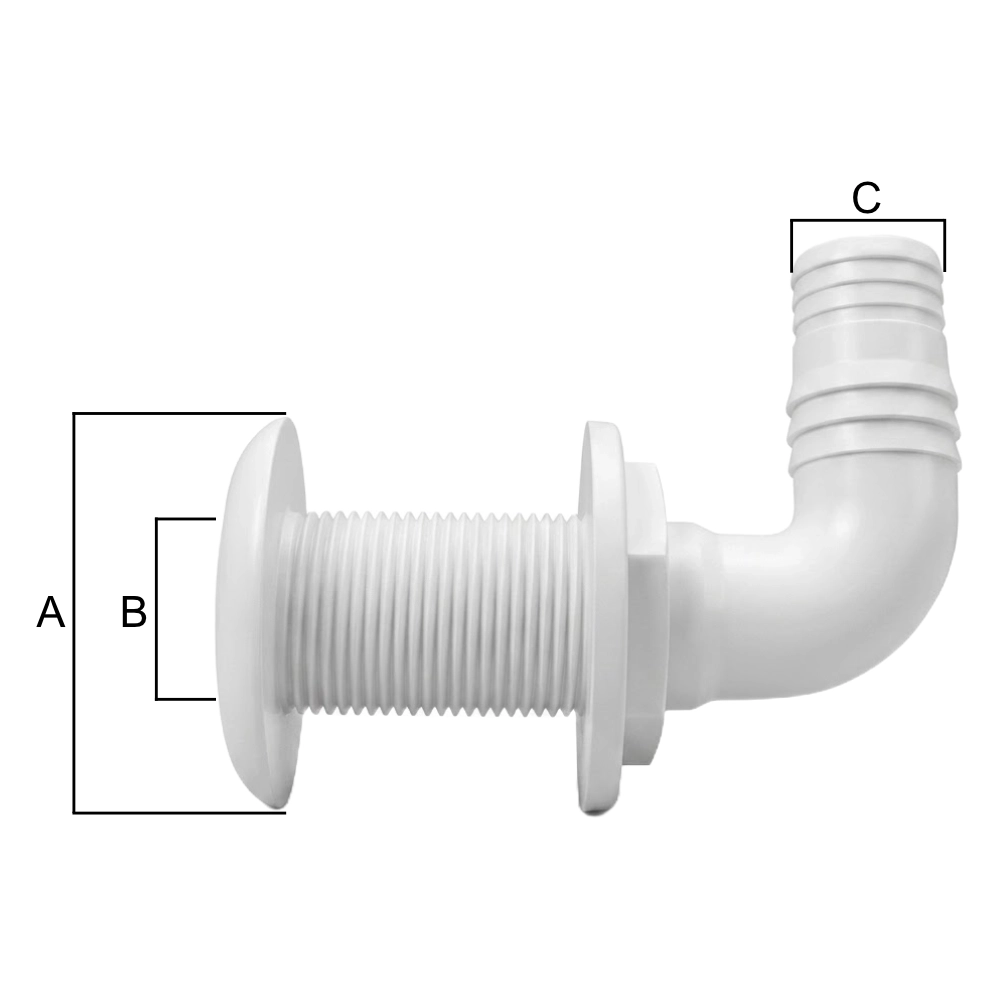 Dibujo técnico de las diferentes medidas del pasa cascos codo de 90 grados.