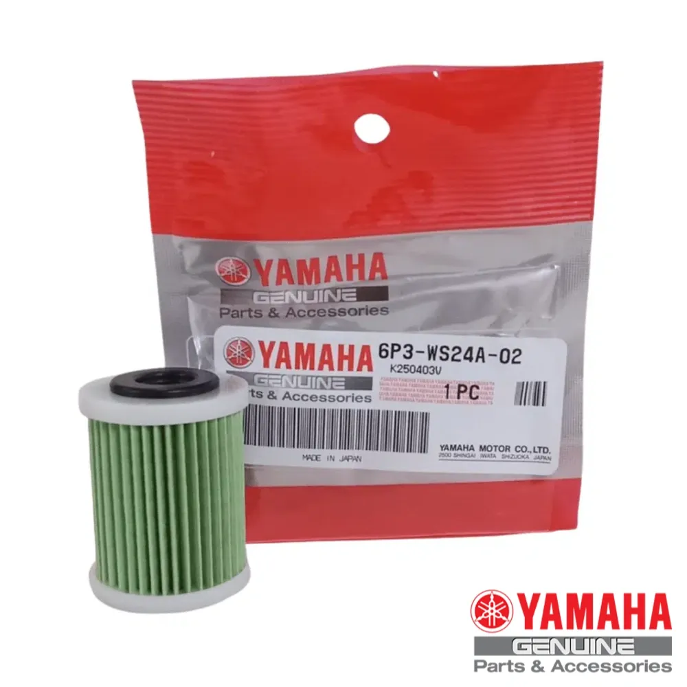 Filtro de combustible Yamaha Original 6P3-WS24A-01/02 para motores de alta de alta potencia (ejemplo: F150, F200, F250, F300, F350) con carcasa marcada “6P3”.