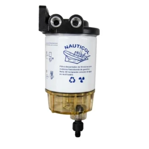 Filtro decantador de gasolina S3213 completo para barcos, con cuerpo Nauticol, cartucho de 10 micras y cazoleta transparente con válvula de purga.