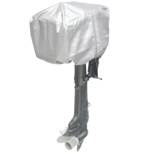 Funda para cabeza de motor fueraborda en color gris, fabricada en poliéster 300D con recubrimiento PA, ajustable con cordón para motores de hasta 200cv.
