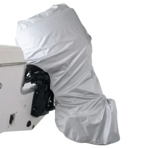Funda entera para motor fueraborda de color gris, fabricada en poliéster con recubrimiento PA, incluye cremallera lateral y bloqueo espinal para motores de 20 a 150 HP.