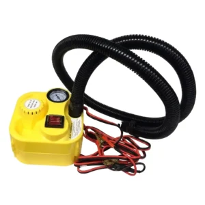 Inflador eléctrico de 12V y 500L/min con manómetro analógico y pinzas para batería, ideal para embarcaciones neumáticas.