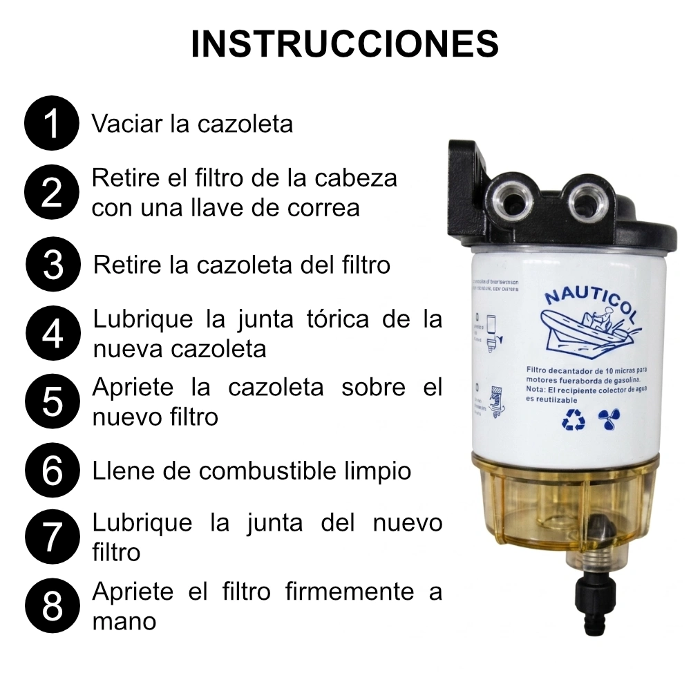 Esquema de instrucciones de montaje del filtro decantador S3213 para barcos. 8 simples pasos.
