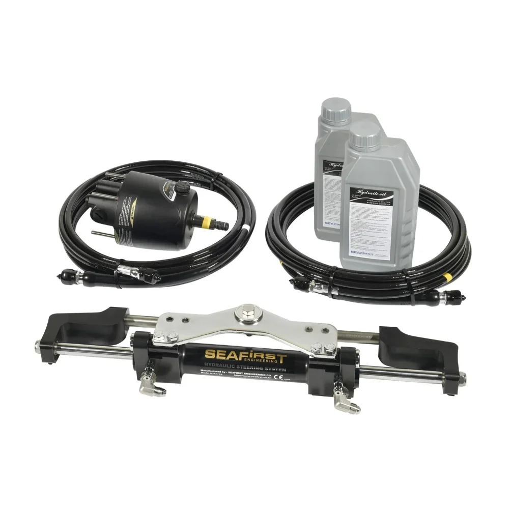 Kit completo de dirección hidráulica Seafirst para motores fueraborda de hasta 150 CV. Incluye bomba, cilindro, aceite y latiguillos de 7 metros.