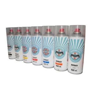 Conjunto de botes de spray en varios colores para pintar superficies de PVC flexible.