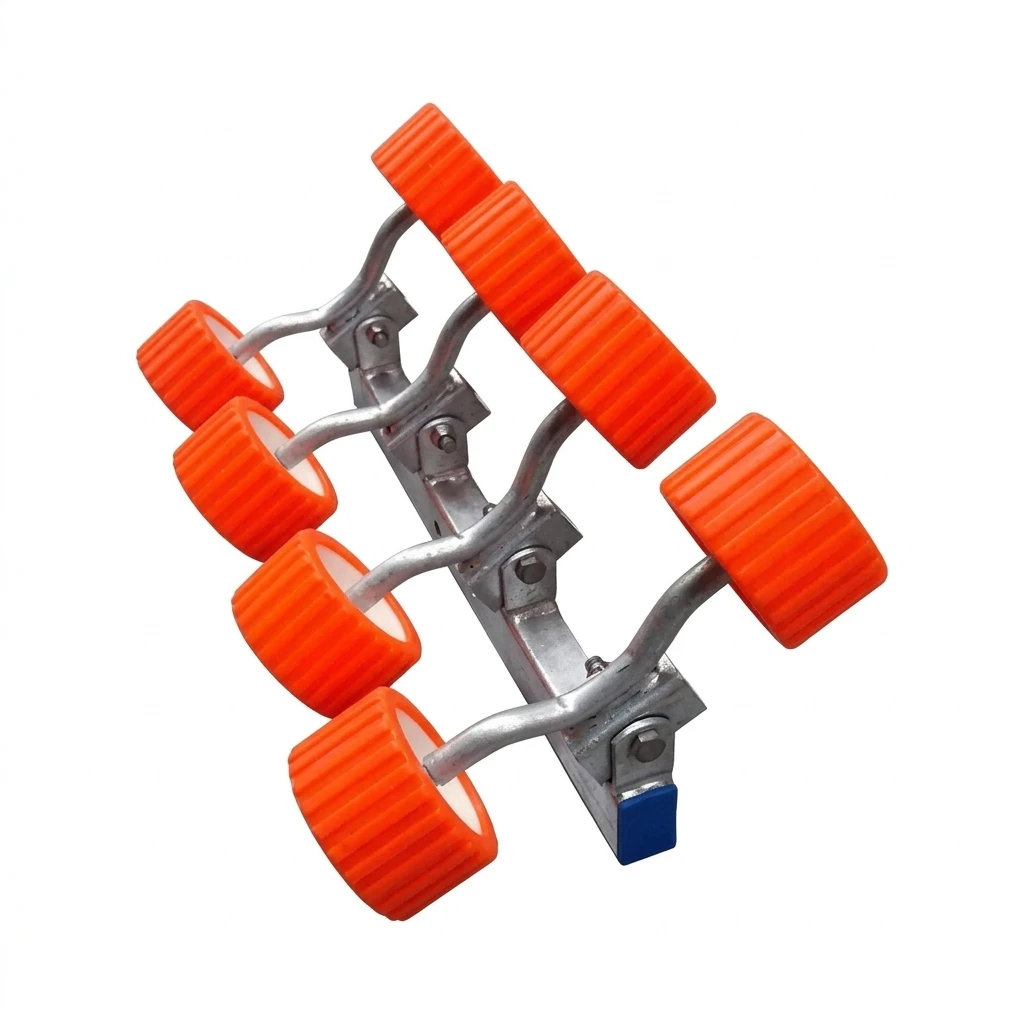 Torre de 8 rodillos oscilantes de poliuretano azul para remolque náutico, con 4 estructuras independientes para protección total del barco.