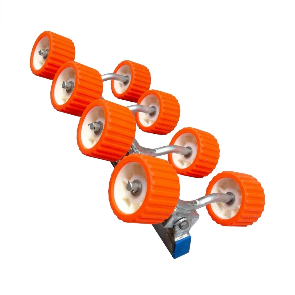 Rodillos oscilantes de 8 ruedas en color naranja para remolques de barcos, fabricados en PU resistente que no daña ni mancha el casco.