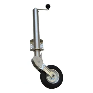 Rueda jockey escamoteable automática para remolque, capacidad de 500 kg, fabricada en acero galvanizado con rueda de goma sólida de 200 mm.