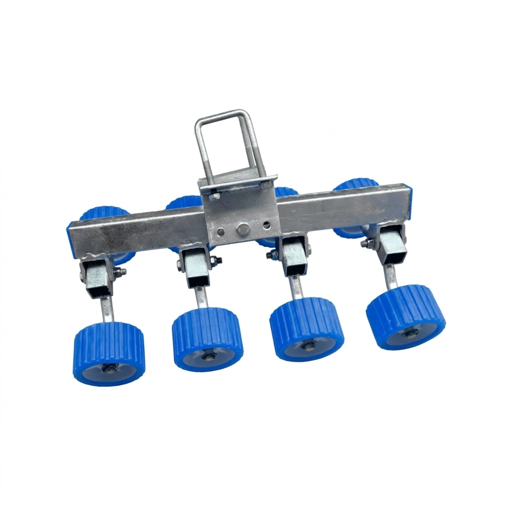 Esquema de funcionamiento de los rodillos de 8 ruedas, mostrando la oscilación independiente de sus 4 estructuras para adaptarse a cualquier casco.