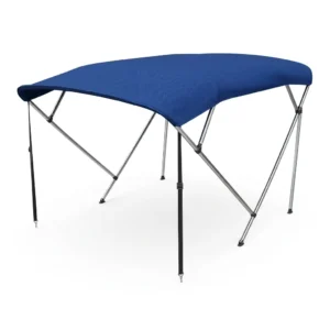 Toldo Bimini 4 arcos azul. Aluminio y lona 100% poliéster. Repele al agua y resiste los rayos UV. Tornillos acero inox y 2 correas ajustables.