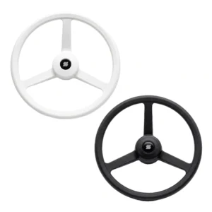 Volante para barco de 33 cm de diámetro en termoplástico, disponible en color blanco y negro, con diseño de tres radios a prueba de golpes