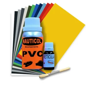 Kit de reparación profesional Nauticol para neumáticas de PVC con pegamento bicomponente, reticulante, pincel y parche.