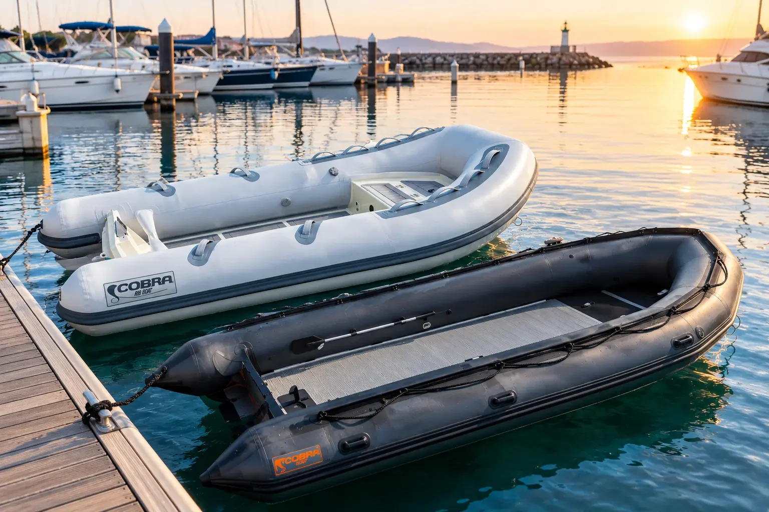 Embarcaciones neumáticas y semirrígidas amarradas en el pantalán de un puerto deportivo