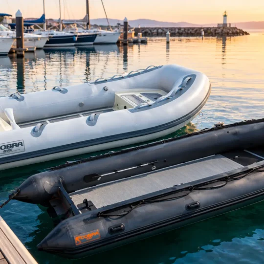 Embarcaciones neumáticas y semirrígidas amarradas en el pantalán de un puerto deportivo