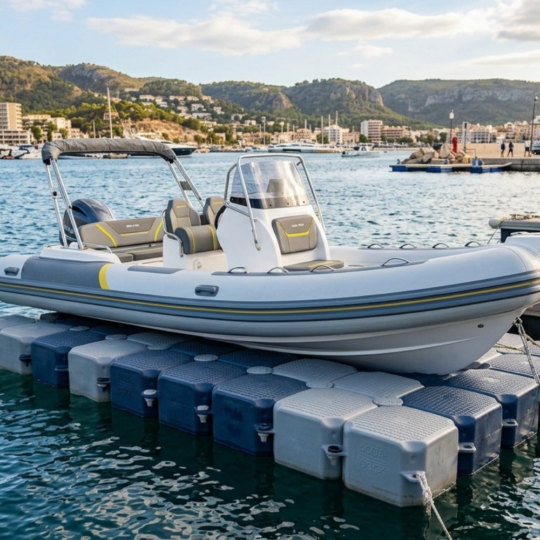 Plataforma flotante/muelle/pantalán para embarcaciones semirrígidas, neumáticas, zodiac, lanchas, botes, etc. Totalmente modular al gusto del propietario. Fácil de instalar.
