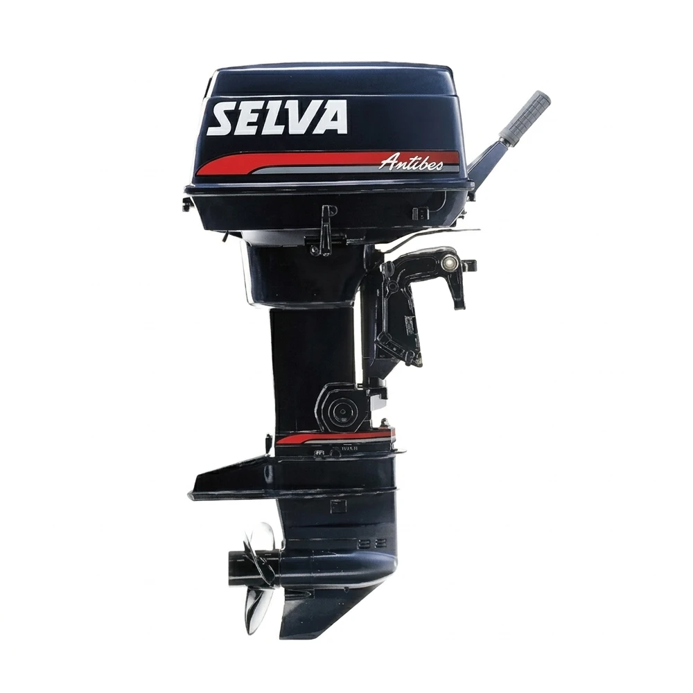 Motor fueraborda Selva 30 CV Antibes de 2 tiempos, bicilíndrico con válvula de láminas rotativa y protección contra impactos para pesca y recreo.