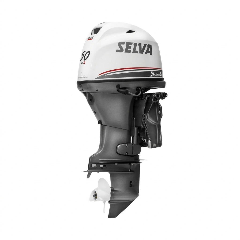 Motor fueraborda Selva Dorado 50XSR de 4 tiempos con inyección electrónica EFI, cola larga y Power Trim para embarcaciones semirrígidas.