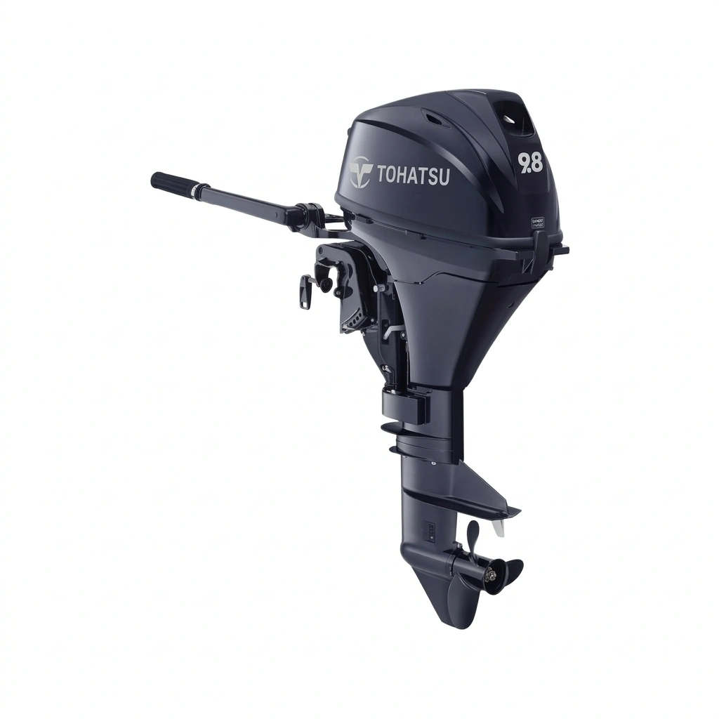 Motor fueraborda Tohatsu 9.8 CV de 4 tiempos, cola larga y arranque manual. Motor portátil ideal para auxiliares y barcos de pesca.