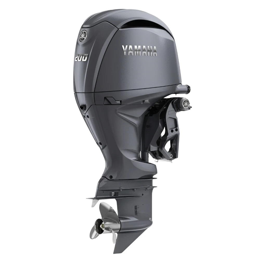 Motor fueraborda Yamaha 200HP en color gris premium, versión cola extra larga ideal para barcos deportivos y de recreo.