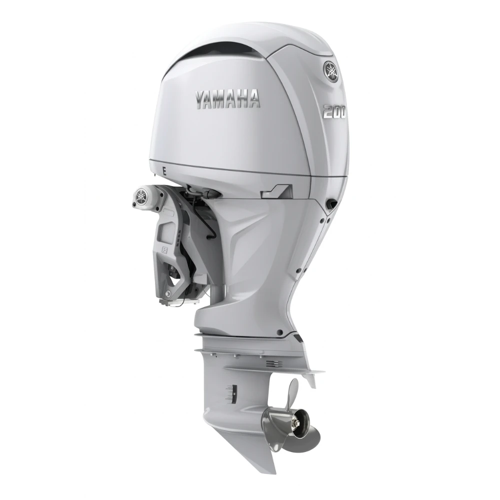 Vista lateral del motor fueraborda Yamaha 200HP de 4 tiempos con sistema de inyección electrónica EFI y diseño aerodinámico en color blanco.