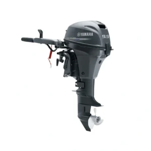 Motor fueraborda Yamaha 9.9 HP de 4 tiempos, modelo popero con arranque manual y cola larga, ideal para barcas de pesca y neumáticas.