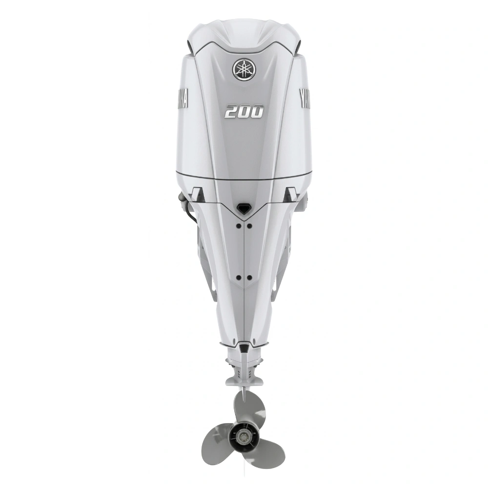 Perspectiva trasera del motor Yamaha 200 HP mostrando la hélice y el sistema de trimado eléctrico para embarcaciones semirrígidas.