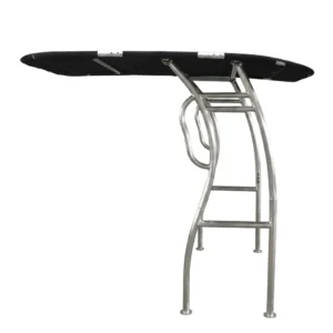 Estructura de T-Top para barco en aluminio anodizado con lona negra, ideal para barcos de consola central.