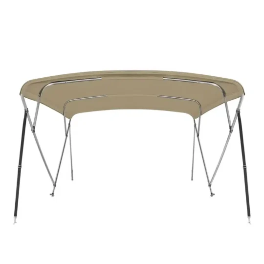 Toldo Bimini de 4 arcos extra largo en aluminio anodizado y lona 100% poliéster. Repele al agua y resiste a los rayos UV. Incluye tornillos.