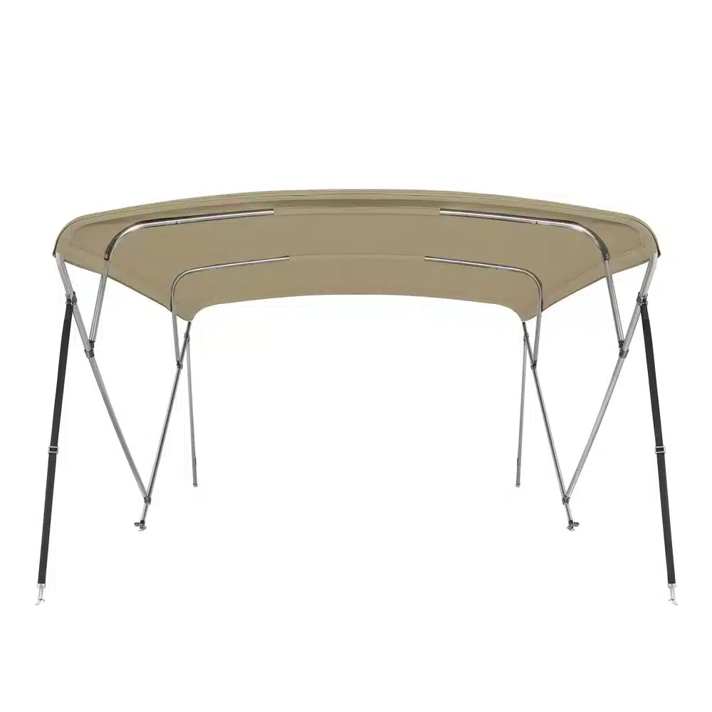 Toldo Bimini de 4 arcos extra largo en aluminio anodizado y lona 100% poliéster. Repele al agua y resiste a los rayos UV. Incluye tornillos.