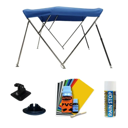 Pack toldo bimi de 3 arcos. Incluye toldo bimini de 3 arcos, impermeabilizante para toldos, anclaje de toldo de PVC y Kit de pegamento de PVC.